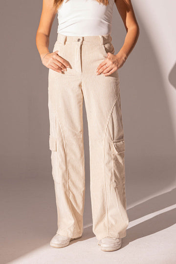 Beige Velvet Wide Leg Pants