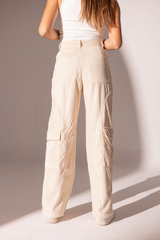 Beige Velvet Wide Leg Pants