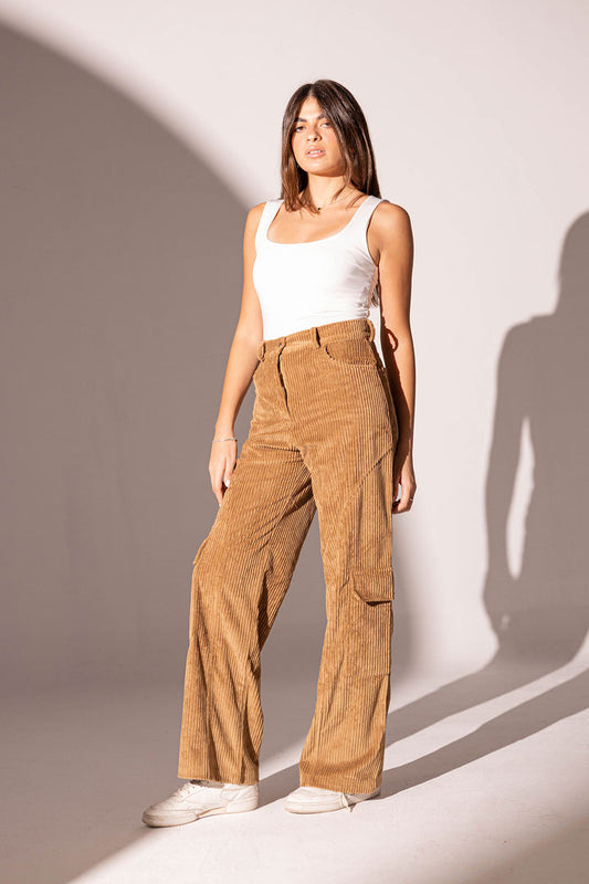 Camel Velvet Wide Leg Pants