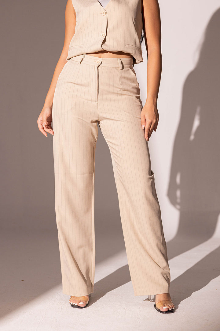 Beige Formal Striped Pants