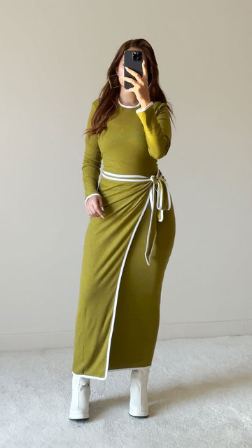 Olive Wool Dress With Wrap Skirt