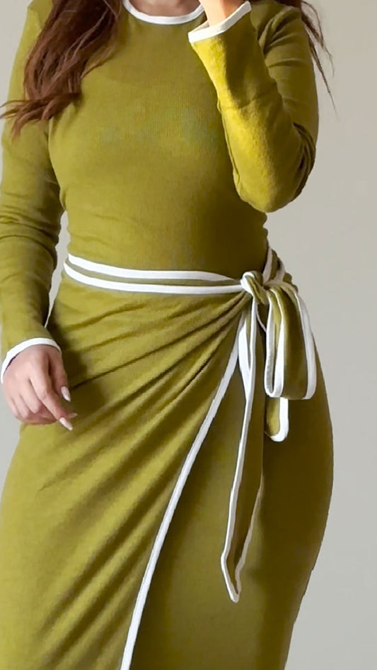 Olive Wool Dress With Wrap Skirt