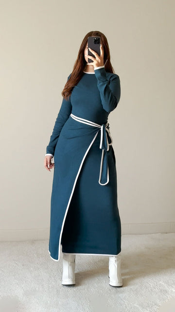 Turquoise Wool Dress With Wrap Skirt