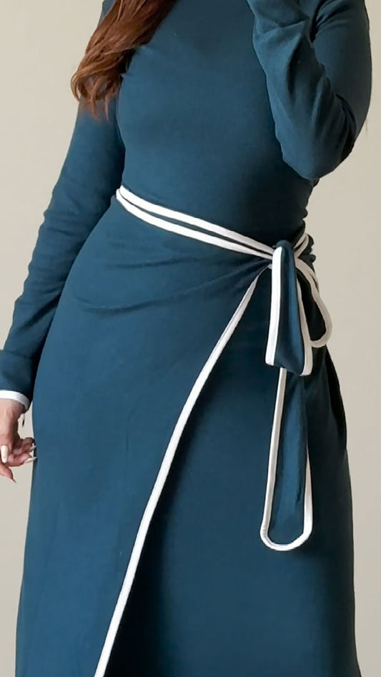 Turquoise Wool Dress With Wrap Skirt