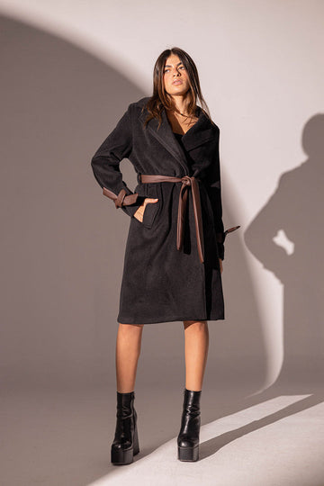 Black Coat with Leather Belt