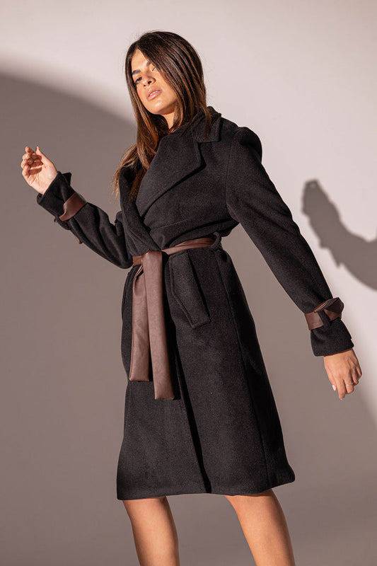 Black Coat with Leather Belt