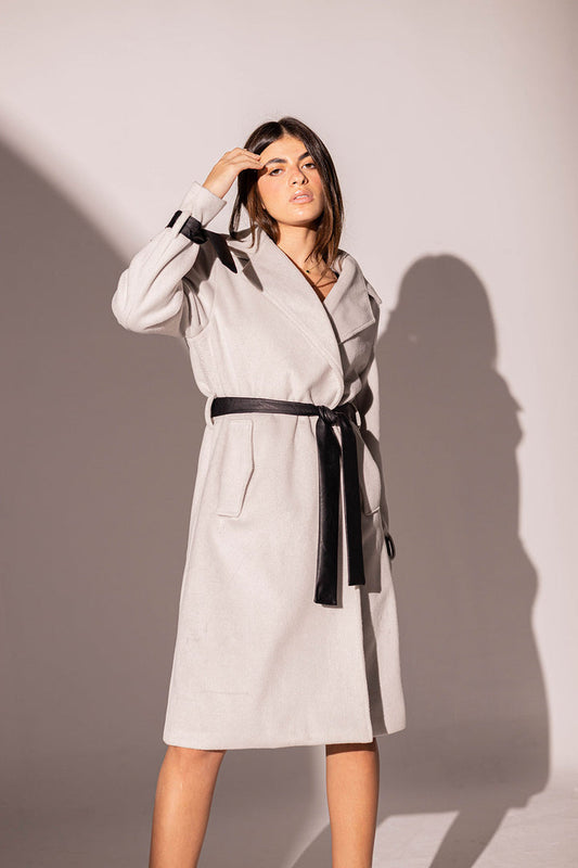 Grey Coat with Leather Belt