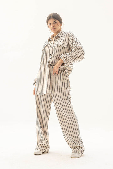 Beige Linen Striped Winter Set