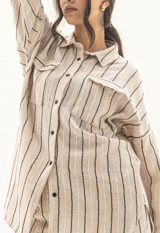 Beige Linen Striped Winter Set