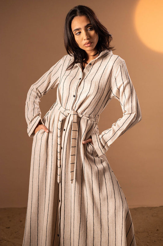 Beige Striped Winter Dress