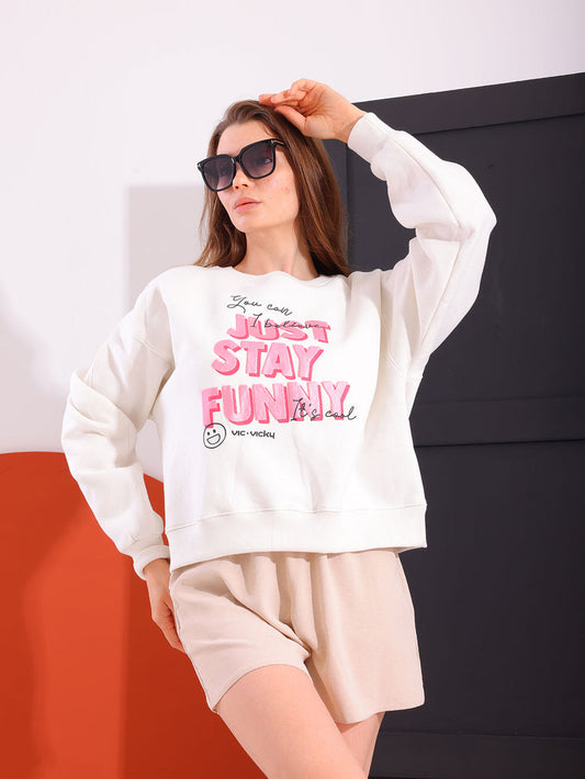 White Comfy Printed Sweatshirt