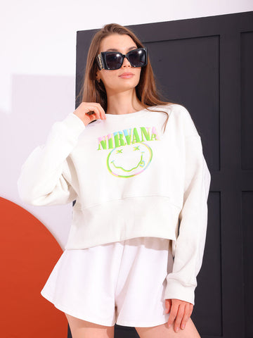 White Comfy Printed Sweatshirt