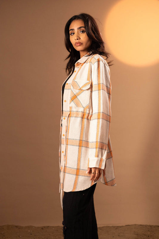 Beige Checkers Long Tied Shirt