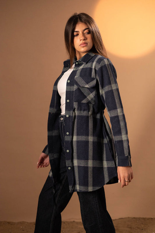 Navy Checkers Long Tied Shirt