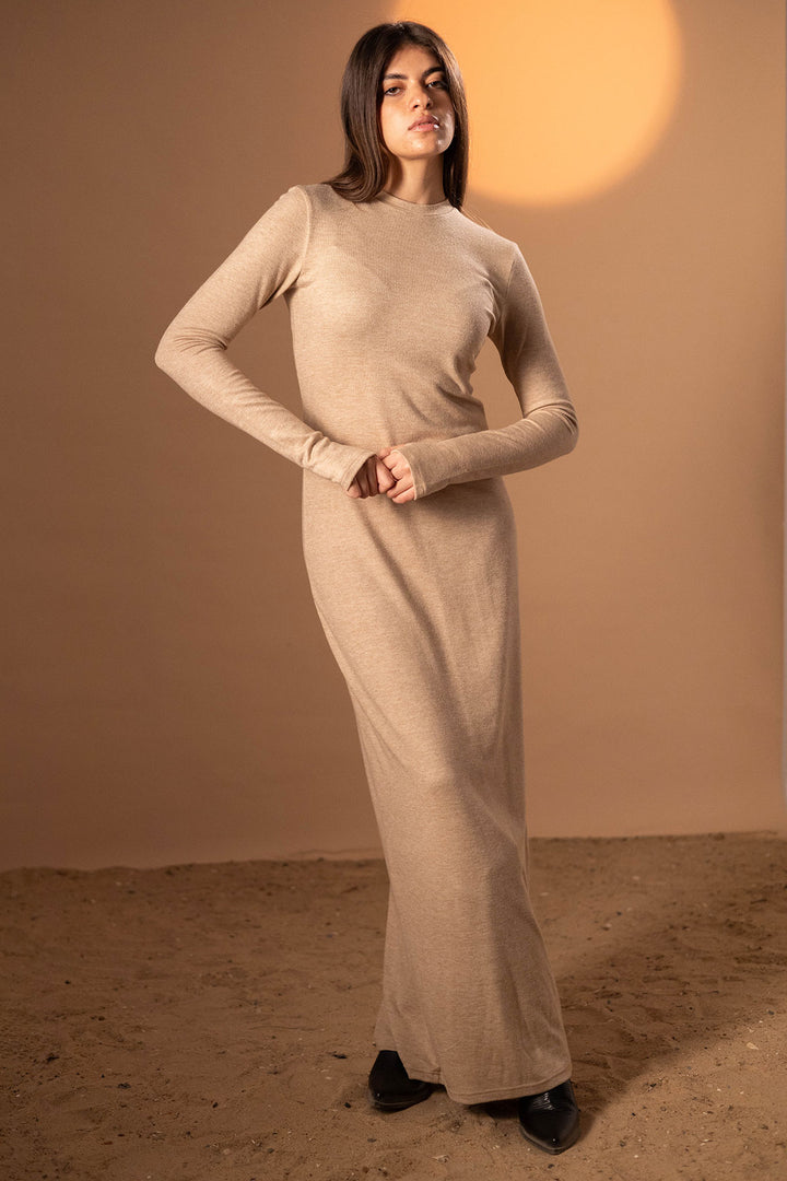 Beige Finger-Sleeves Wool Basic Dress