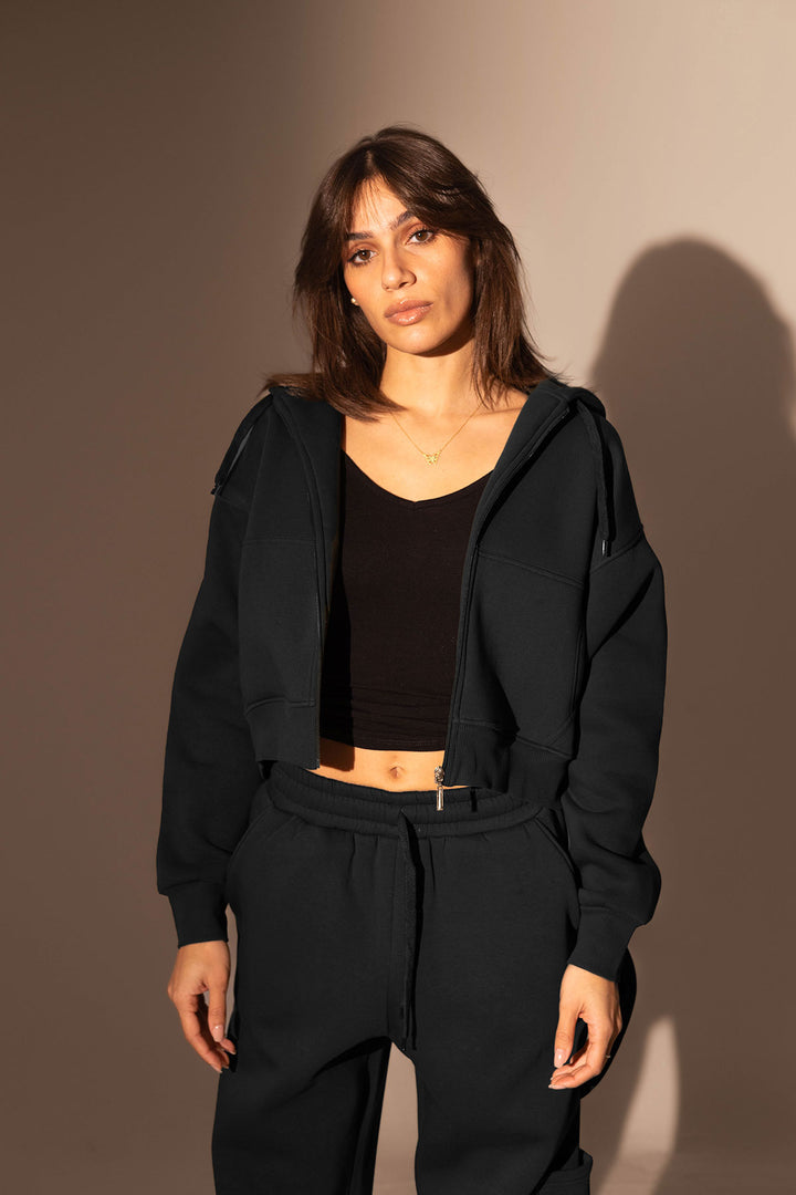 Black Cropped Zipper Hoodie