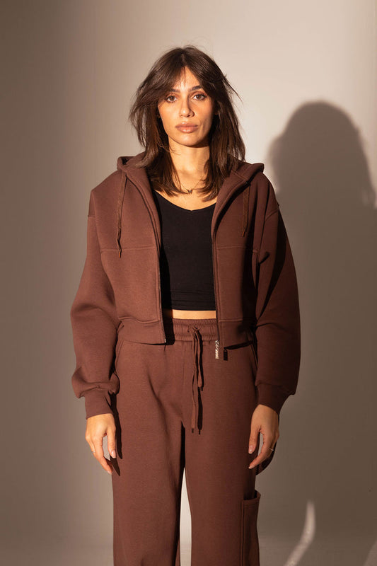 Brown Cropped Zipper Hoodie