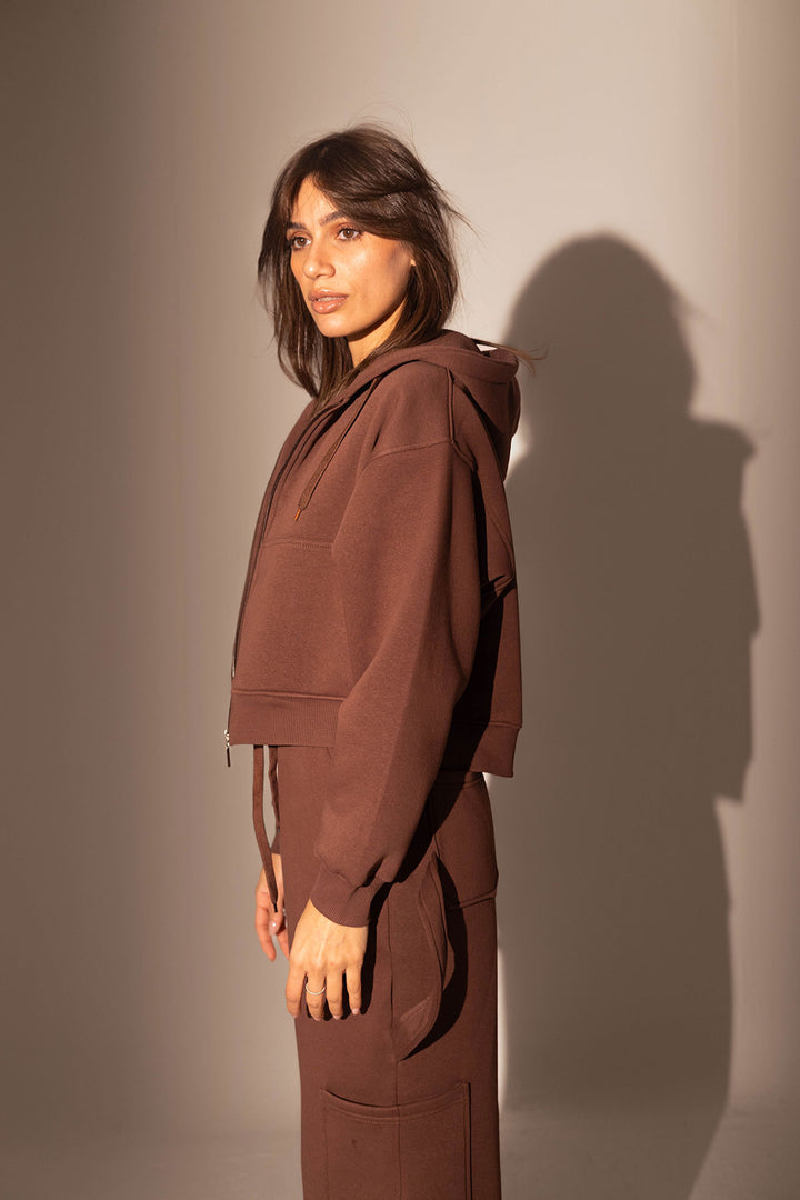 Brown Cropped Zipper Hoodie