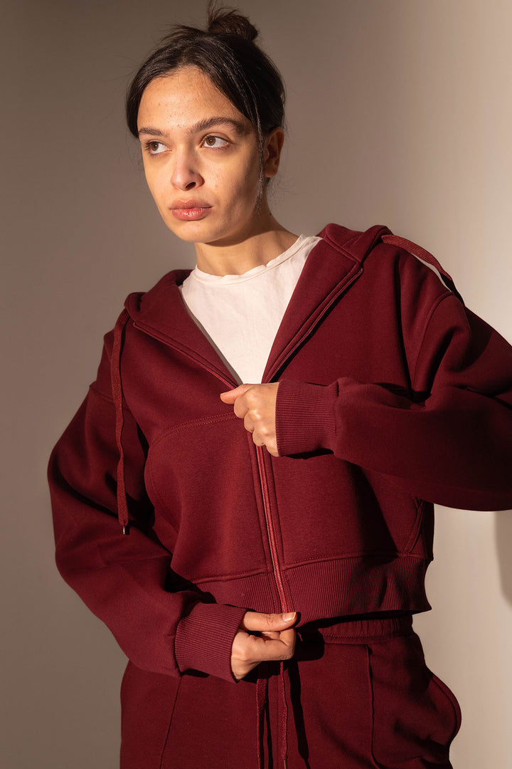 Burgundy Cropped Zipper Hoodie