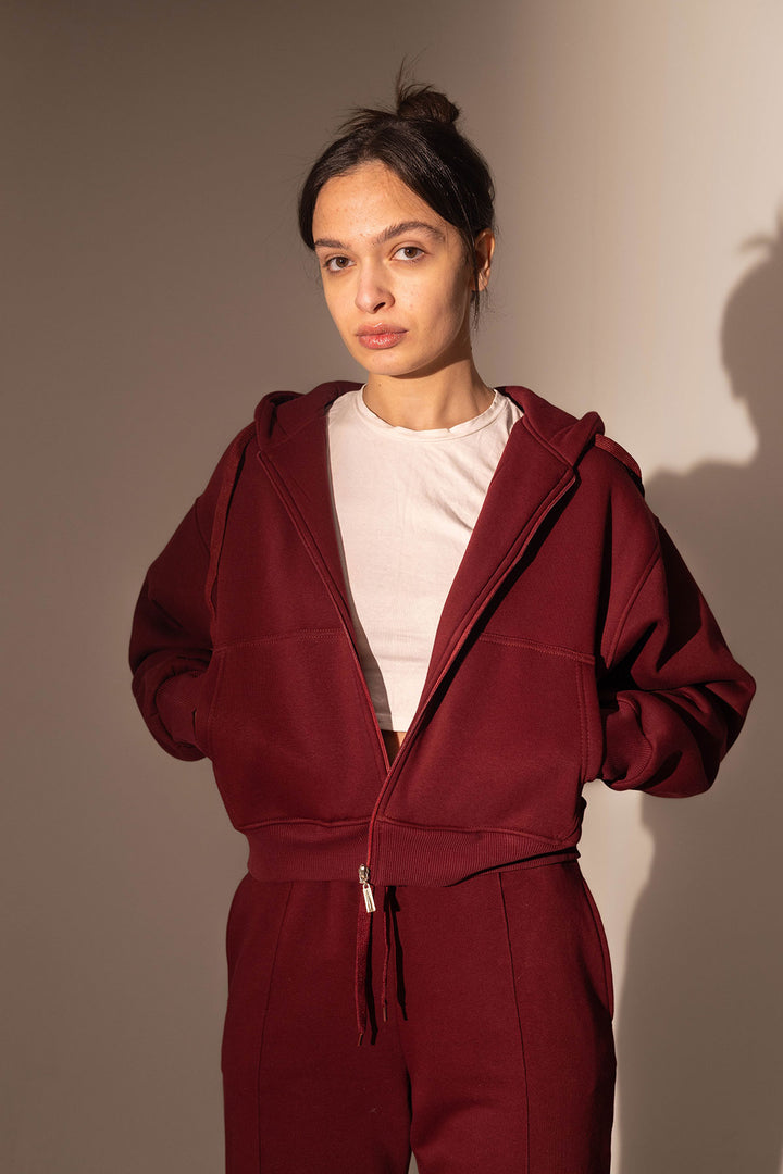 Burgundy Cropped Zipper Hoodie