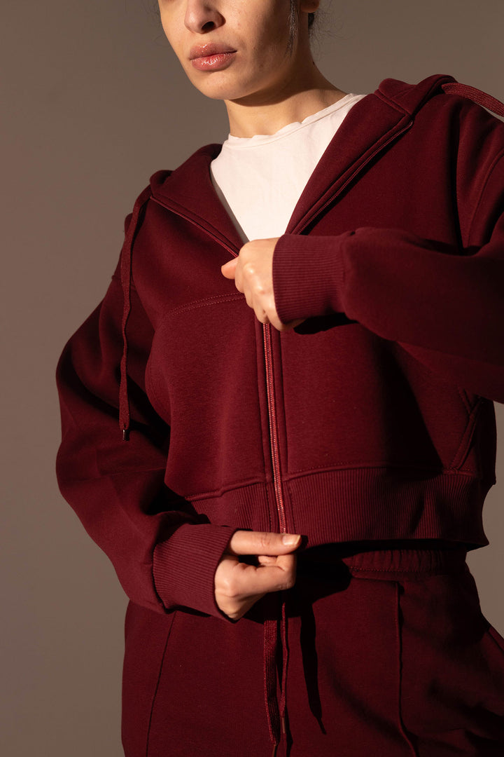 Burgundy Cropped Zipper Hoodie