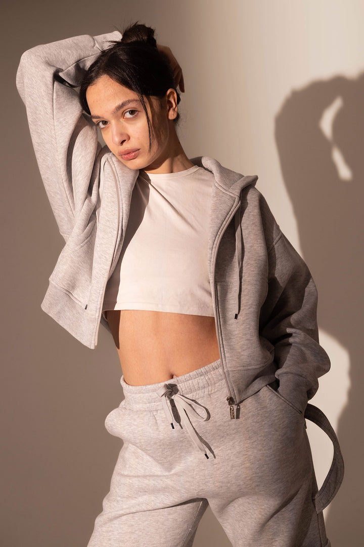 Grey Cropped Zipper Hoodie