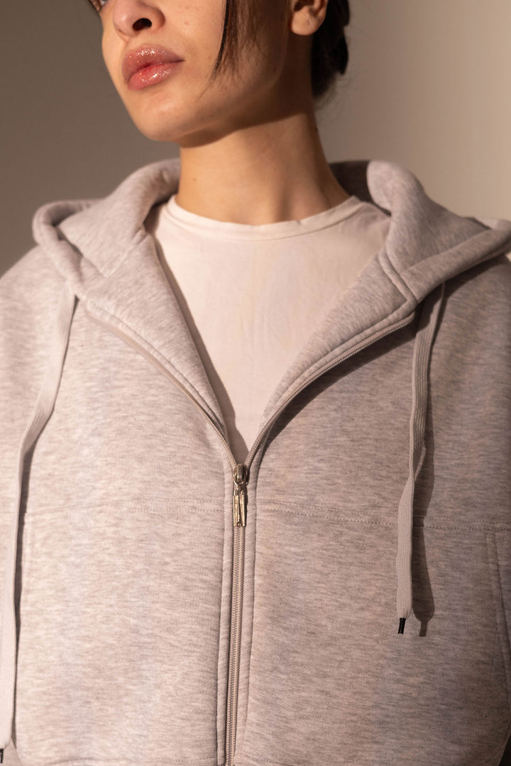 Grey Cropped Zipper Hoodie