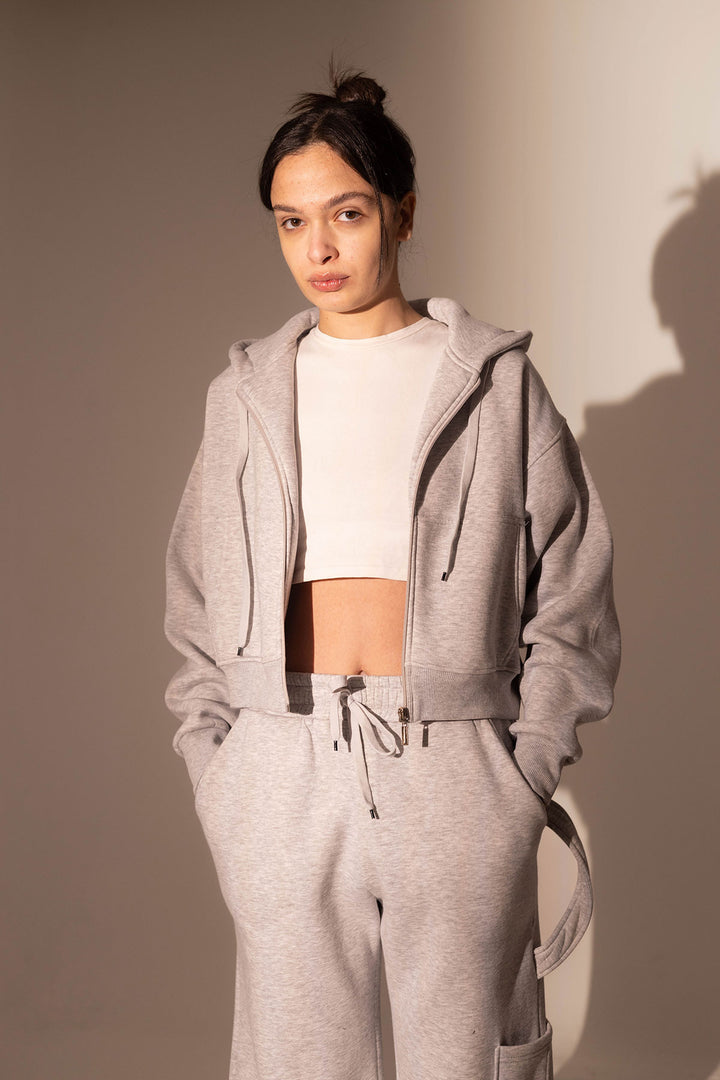 Grey Cropped Zipper Hoodie