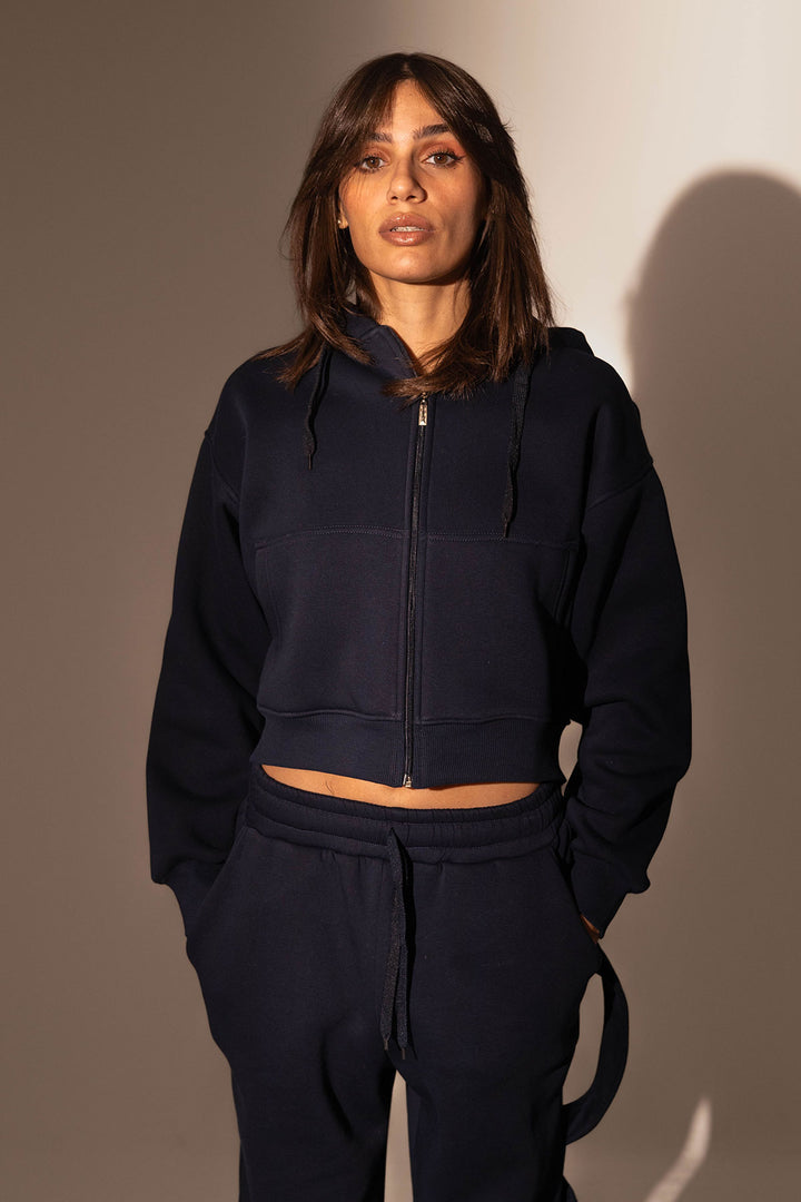 Navy Cropped Zipper Hoodie