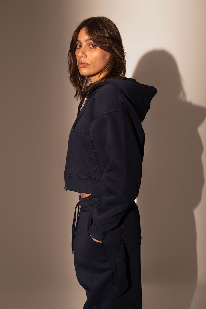 Navy Cropped Zipper Hoodie