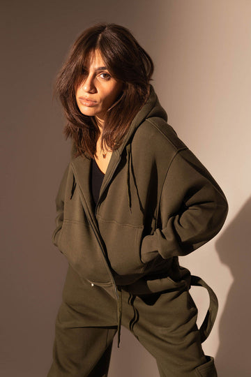 Olive Cropped Zipper Hoodie