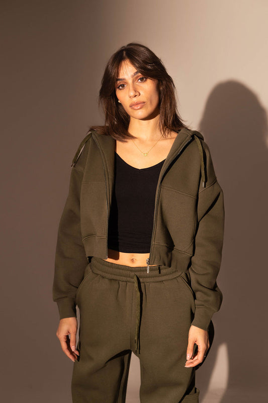 Olive Cropped Zipper Hoodie