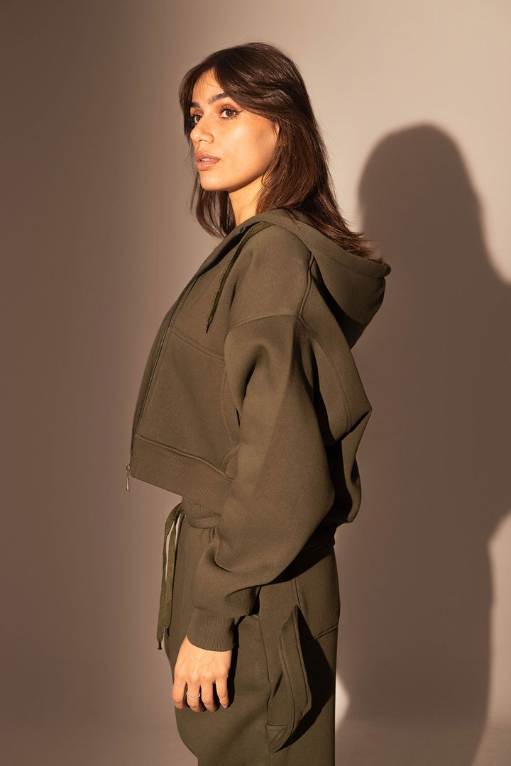 Olive Cropped Zipper Hoodie