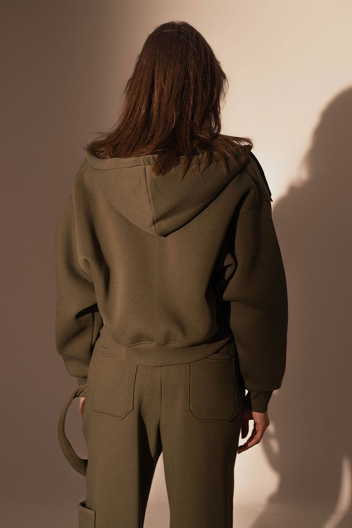 Olive Cropped Zipper Hoodie