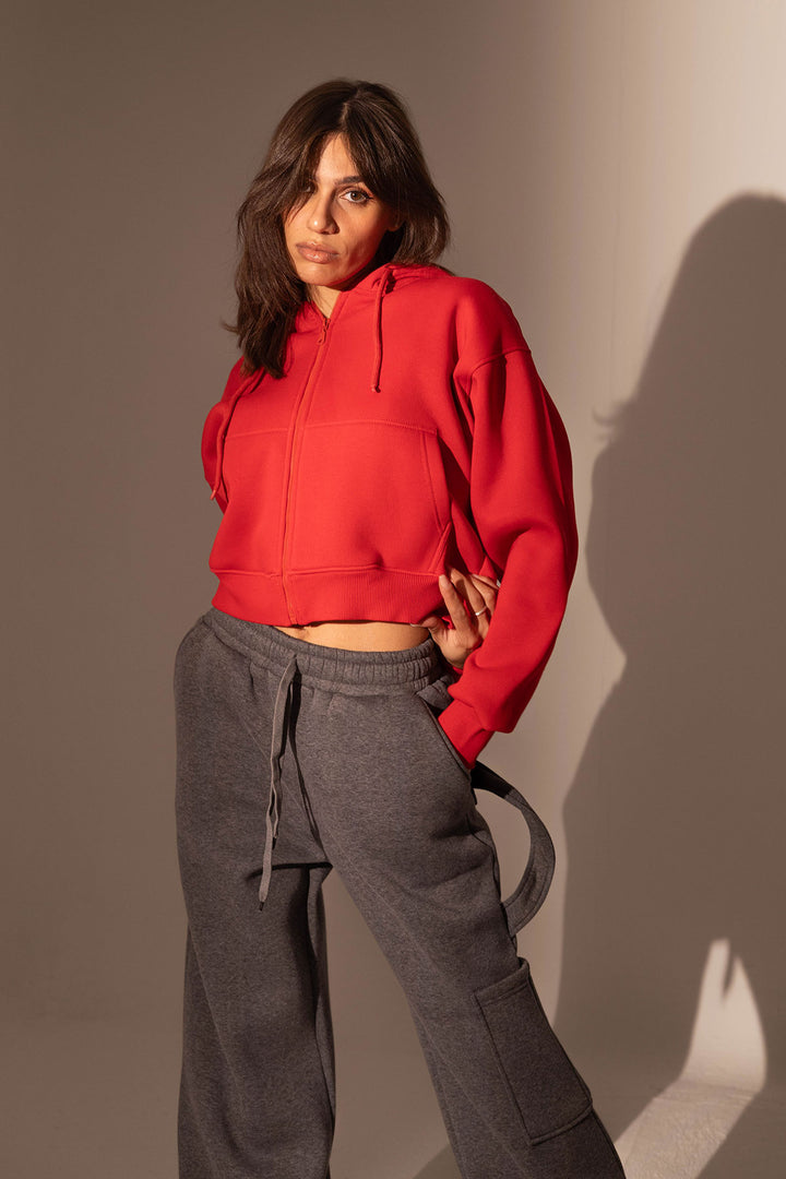 Red Cropped Zipper Hoodie