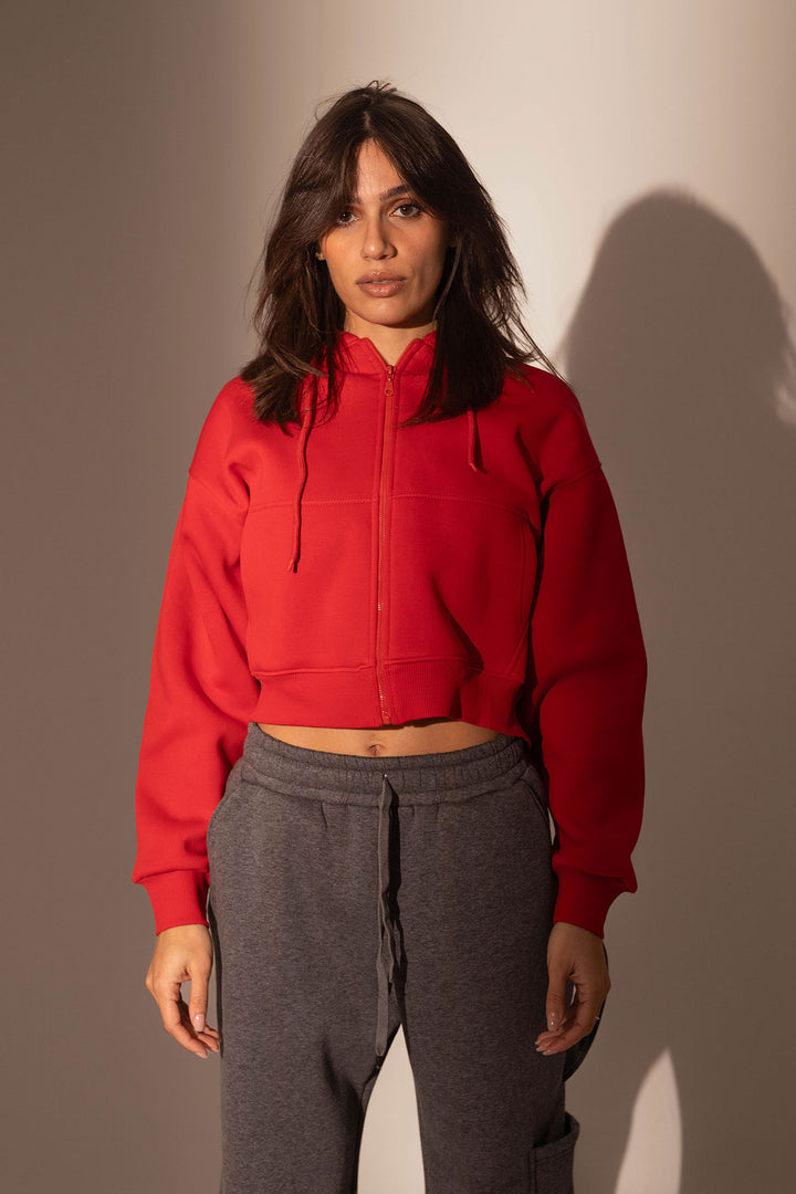 Red Cropped Zipper Hoodie