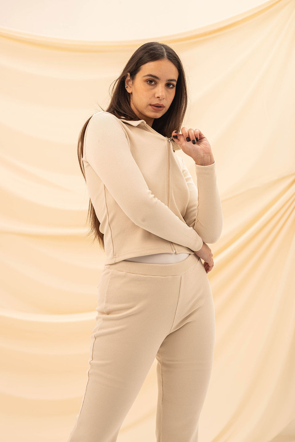 Beige Knitted Zipper Shirt