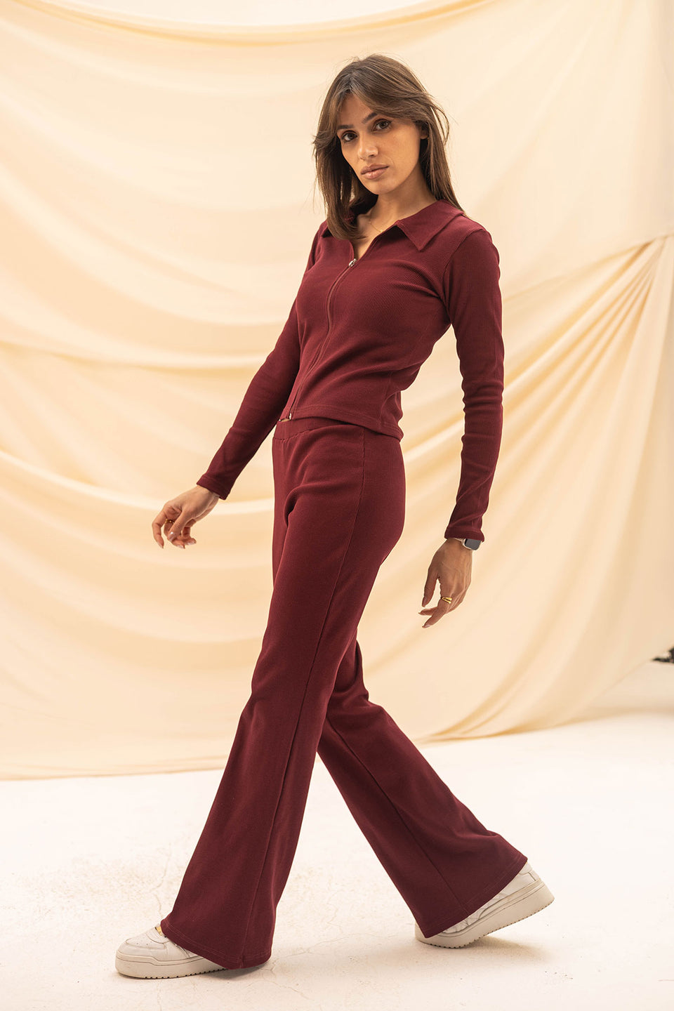Burgundy Knitted Zipper Shirt