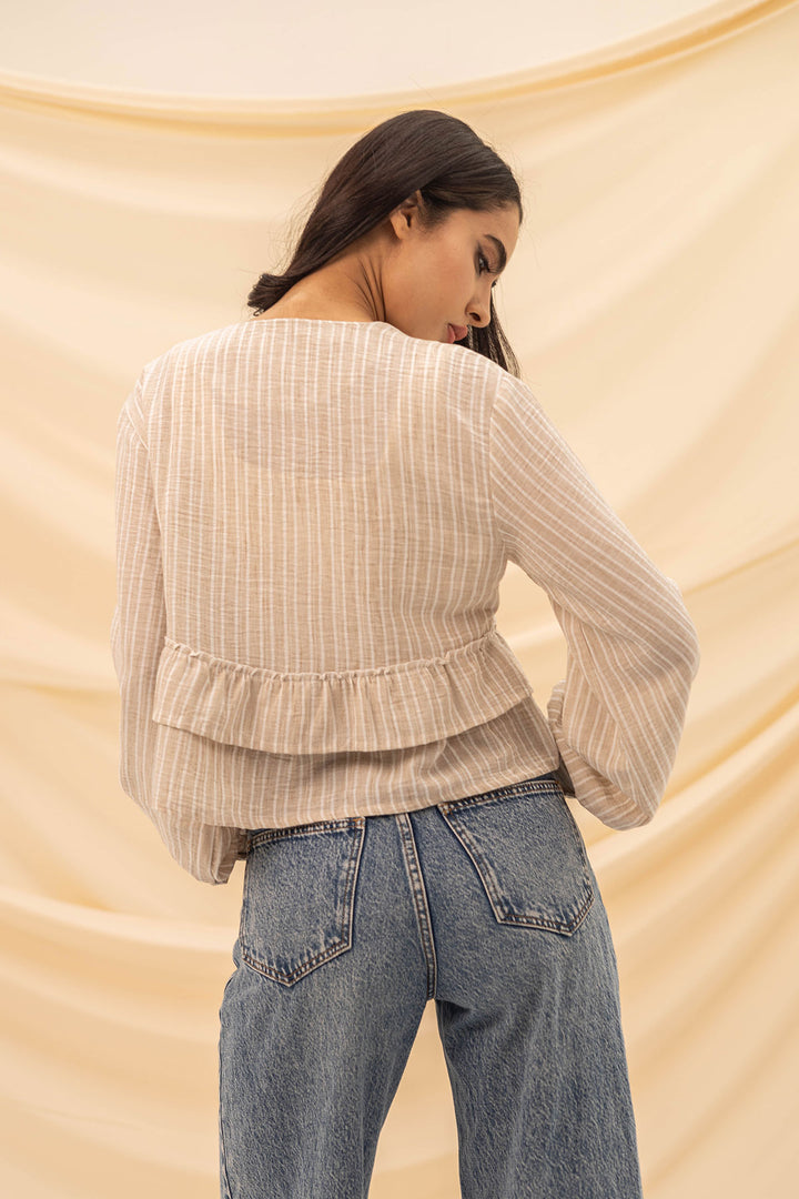 Beige Ruffled Striped Blouse