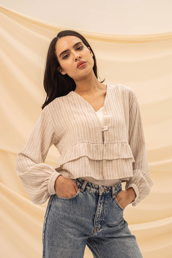 Beige Ruffled Striped Blouse