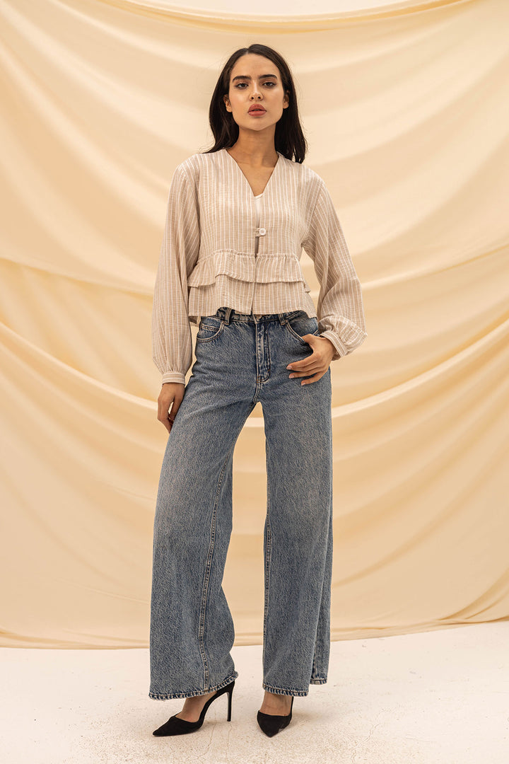 Beige Ruffled Striped Blouse