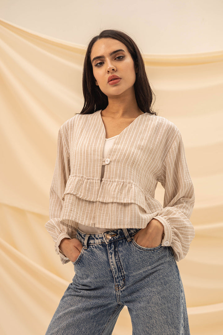 Beige Ruffled Striped Blouse