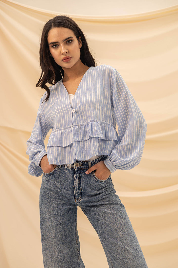 Blue Ruffled Striped Blouse