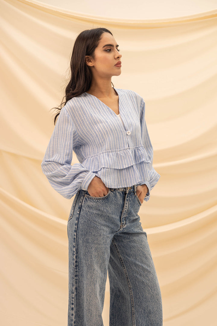 Blue Ruffled Striped Blouse