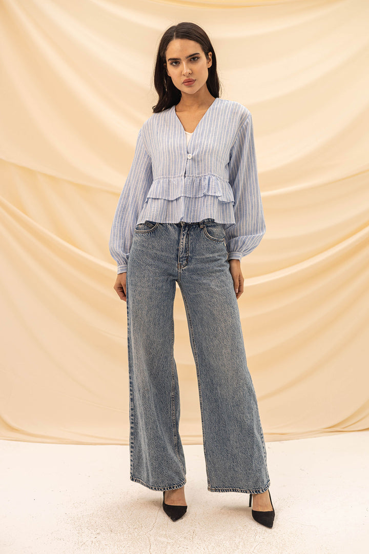 Blue Ruffled Striped Blouse