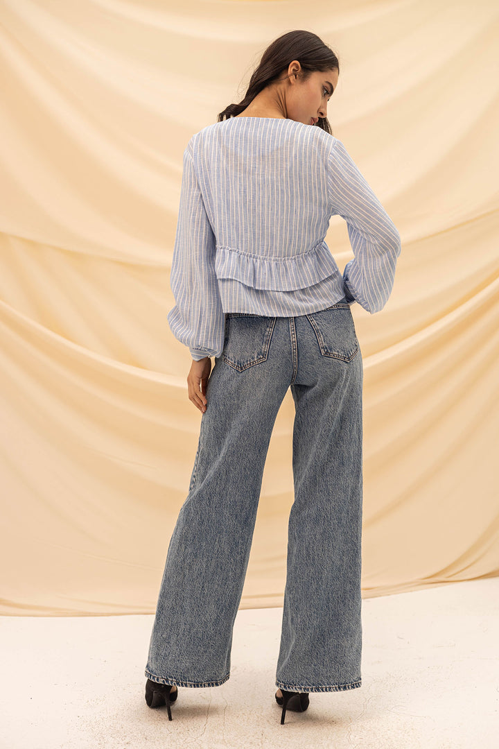 Blue Ruffled Striped Blouse