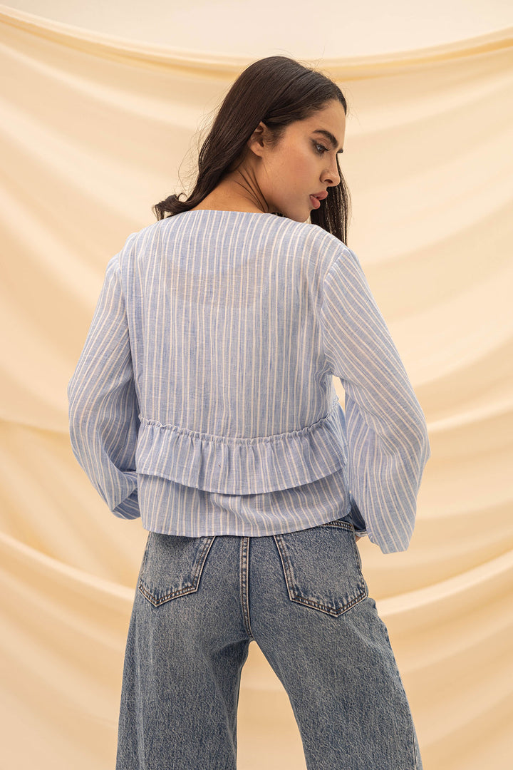 Blue Ruffled Striped Blouse