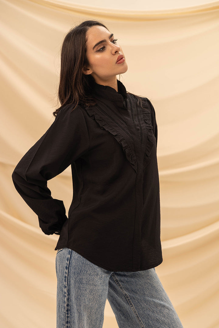 Black Ruffled Embroidery Shirt