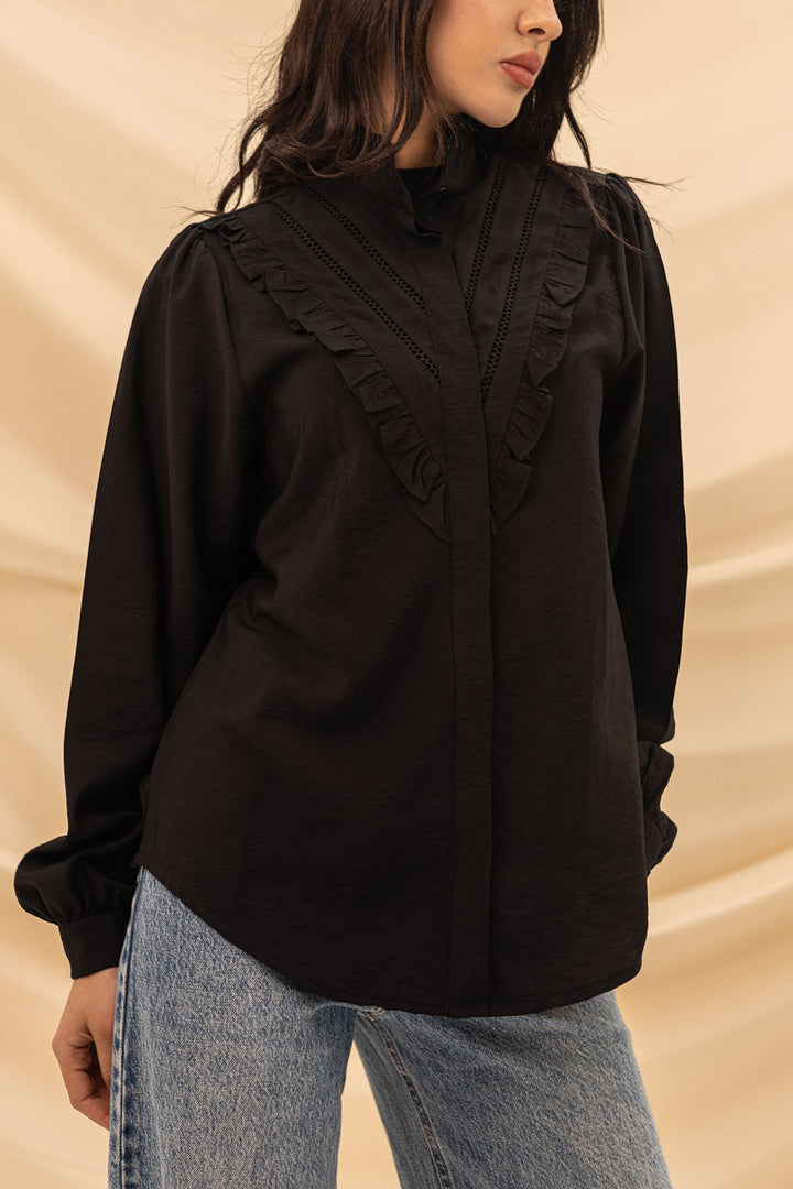 Black Ruffled Embroidery Shirt