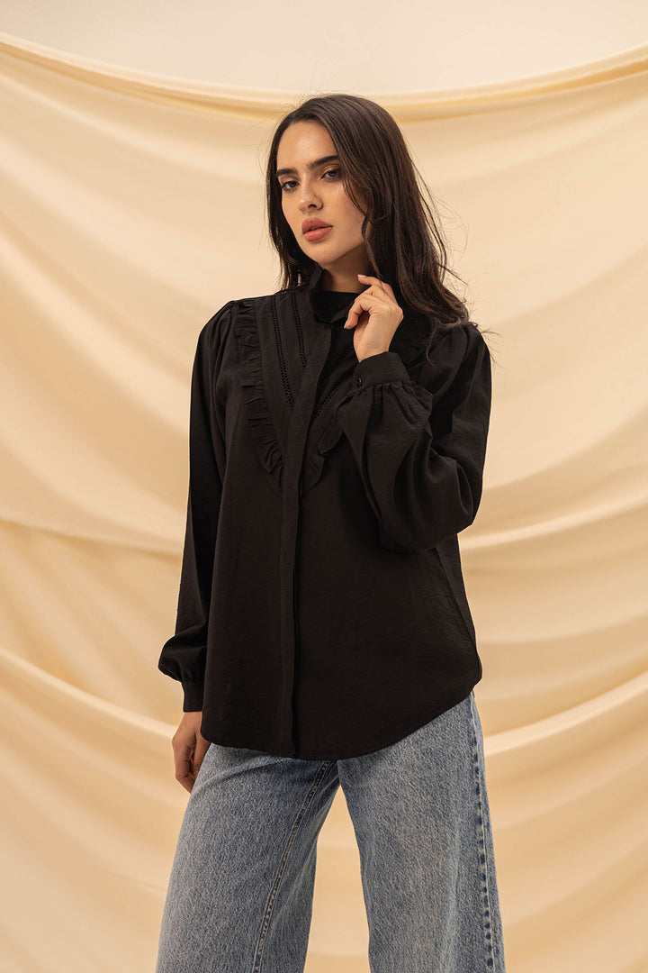 Black Ruffled Embroidery Shirt